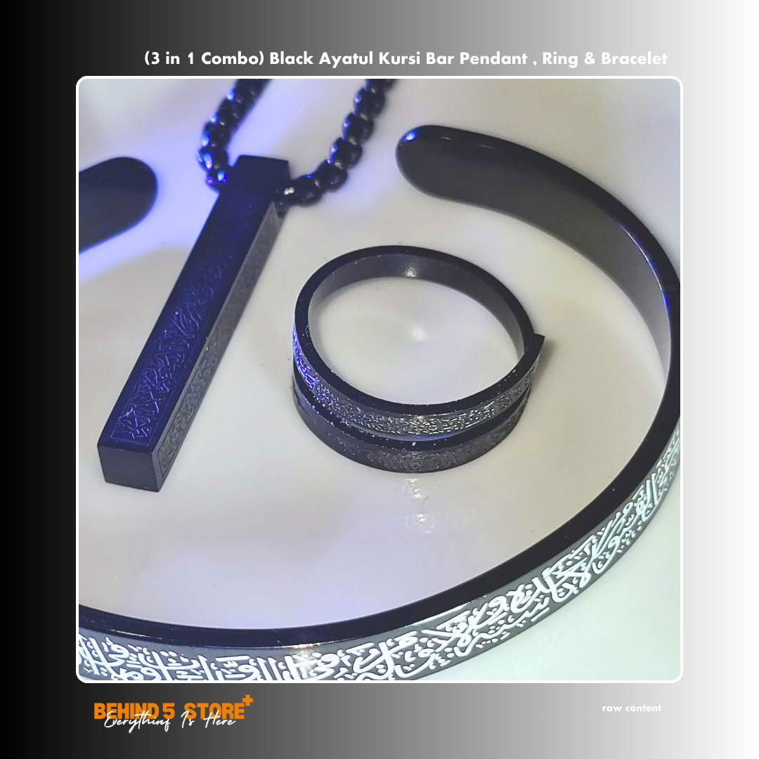 (3 in 1 combo) black ayatul kursi bar pendant , ring & bracelet (3 in 1 combo) black ayatul kursi bar pendant , ring & bracelet