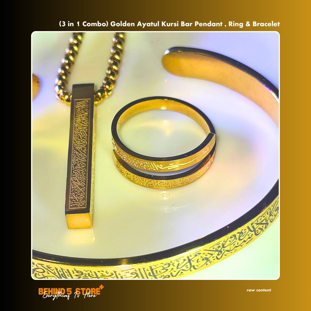 (3 in 1 combo) golden ayatul kursi bar pendant , ring & bracelet (3 in 1 combo) golden ayatul kursi bar pendant , ring & bracelet
